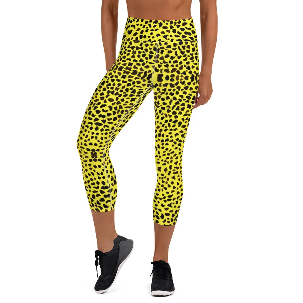 Yellow Leopard Yoga Capri Leggings, Bright Cheetah Animal Print Capri Tights-Made in USA/EU/MX