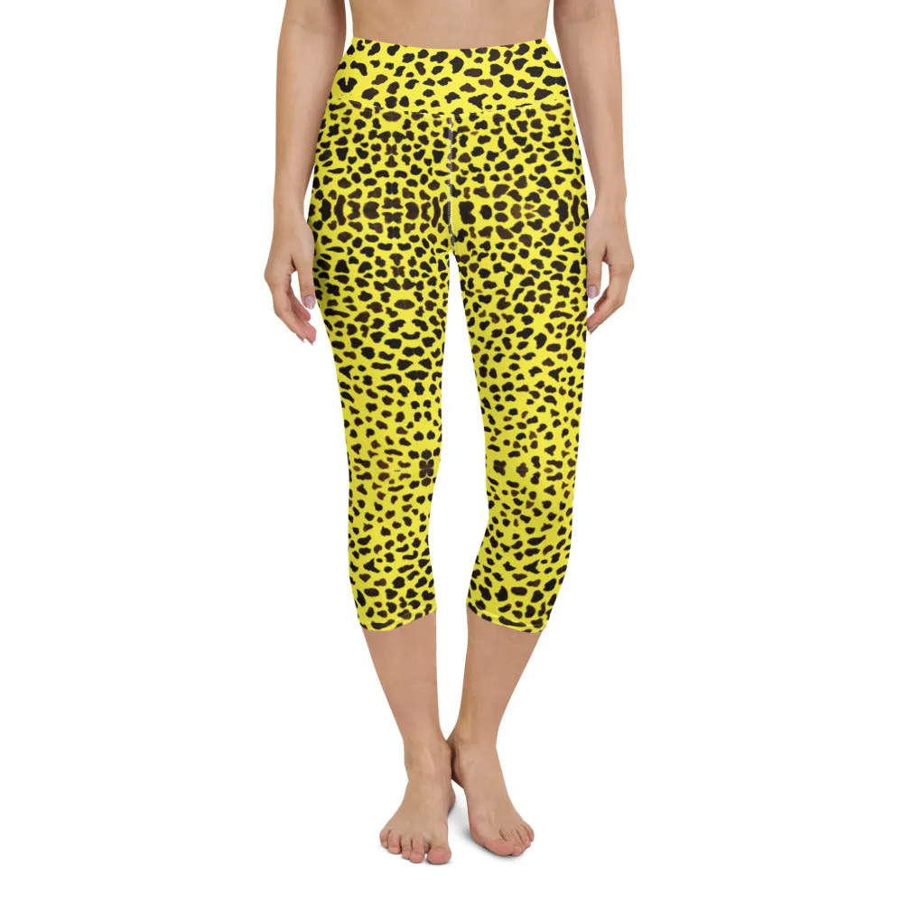 Yellow Leopard Yoga Capri Leggings, Bright Cheetah Animal Print Capri Tights-Made in USA/EU/MX